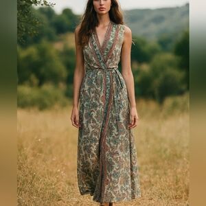 Cienna Boho Silk Blend Paisley Print Blue Green Sleeveless Wrap Maxi Dress S